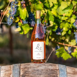 A bottle of Laurel Ridge Rosé sitting on a wine barrel in front of Pinot Noir grape vines with ripe grapes